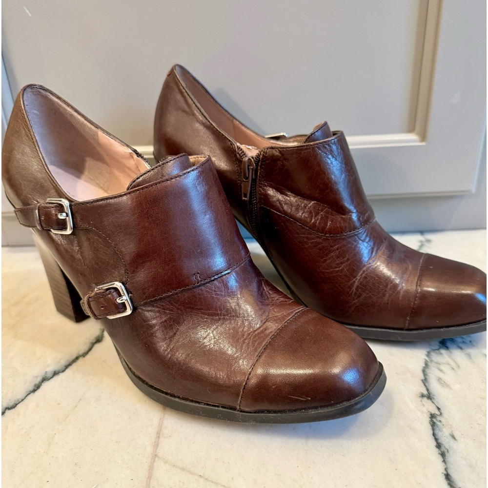 Marc Fisher size 9 brown leather booties with silver buckle accents